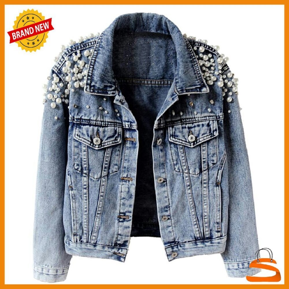 Distressed Denim Jacket with Pearl Embroidery, Long Sleeve, Button Up